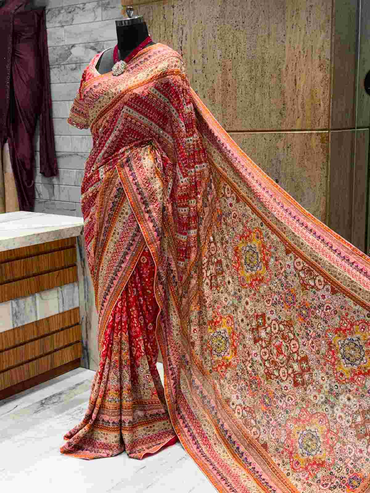 Ajrakh Print Chinnon Silk Saree