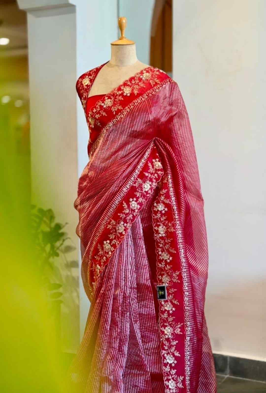 Fancy Banarasi Kora tissue stripe saree with handwork embroidery – Arhas Couture