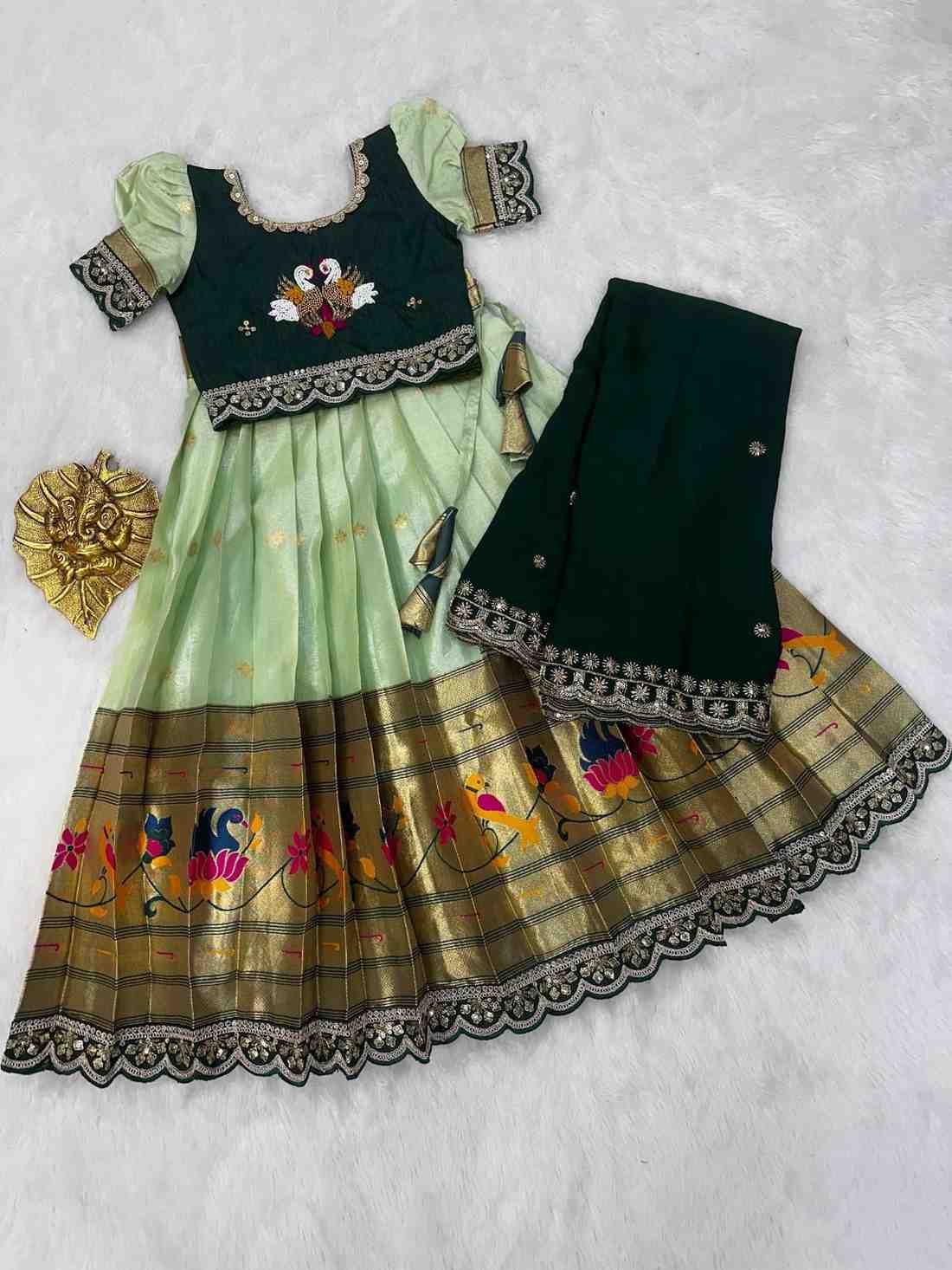 Kids Paithani lehenga – green – Arhas Couture