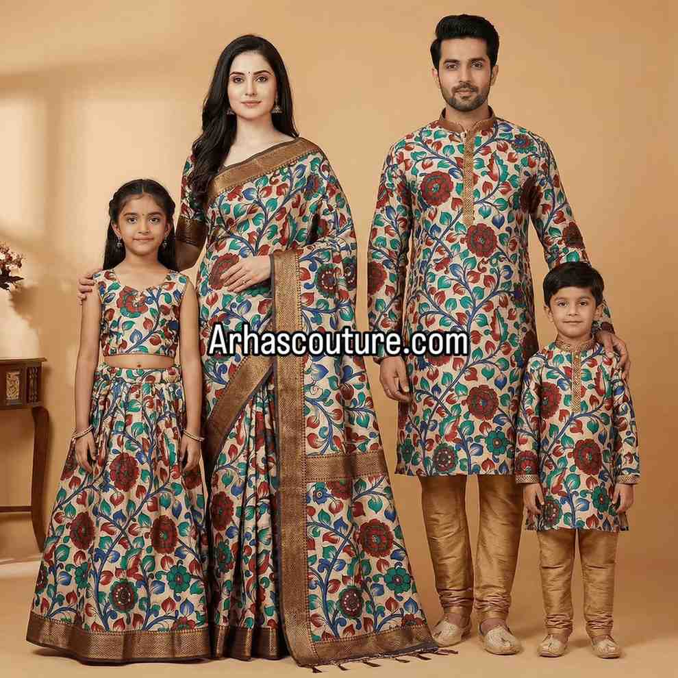 Fancy Kalamkari family outfit – boys, girls, men and Mom – Arhas Couture