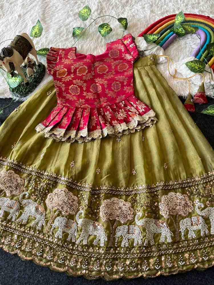 Kids Moss satin lehengas by Arhas Couture