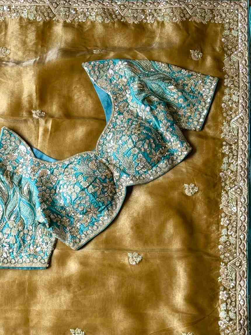 Fancy nylon tissue crepe saree – gold colour view – Arhas Couture