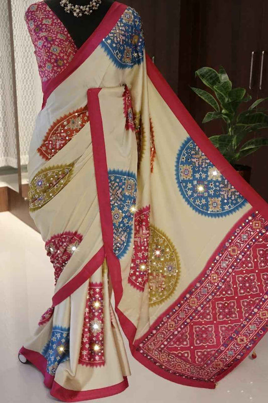 Fancy Gajji silk saree with Bandhej and Patola prints and mirror work – Arhas Couture