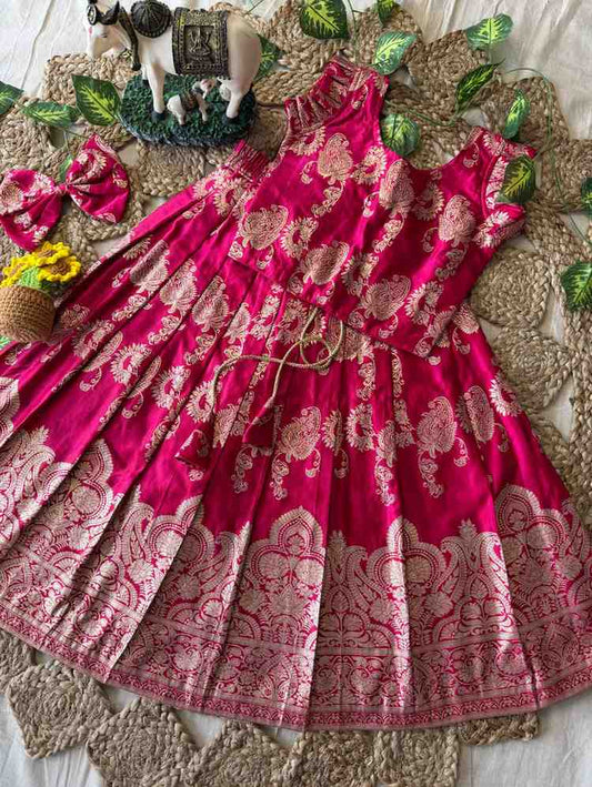 Kids Banarasi satin silk lehenga – Pink, Orange – 1 to 15 years – Arhas Couture