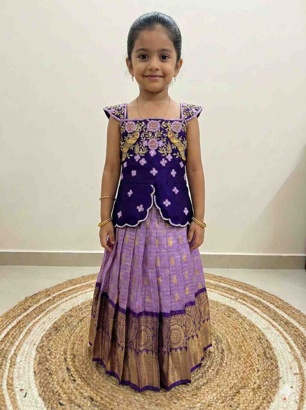 Kids raw silk lehenga with semi Gadwal zardosi maggam work – 6 months to 15 years – Arhas Couture