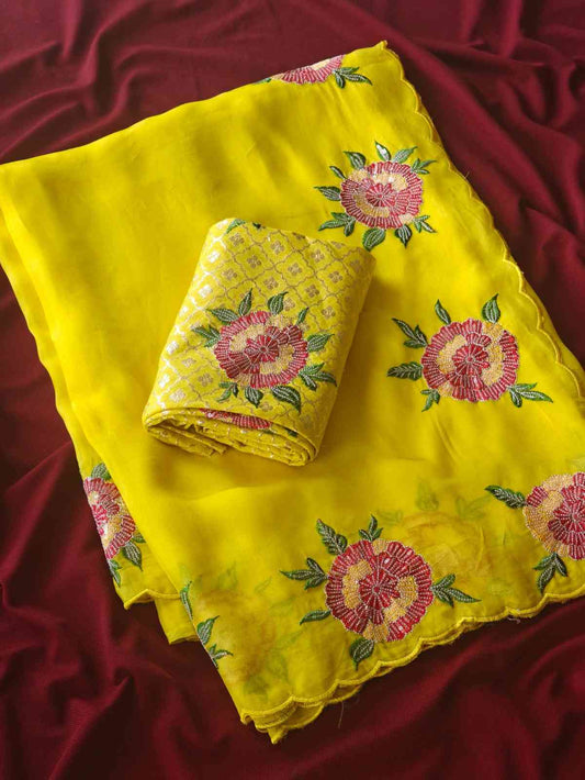 Floral Embroidery Organza Saree