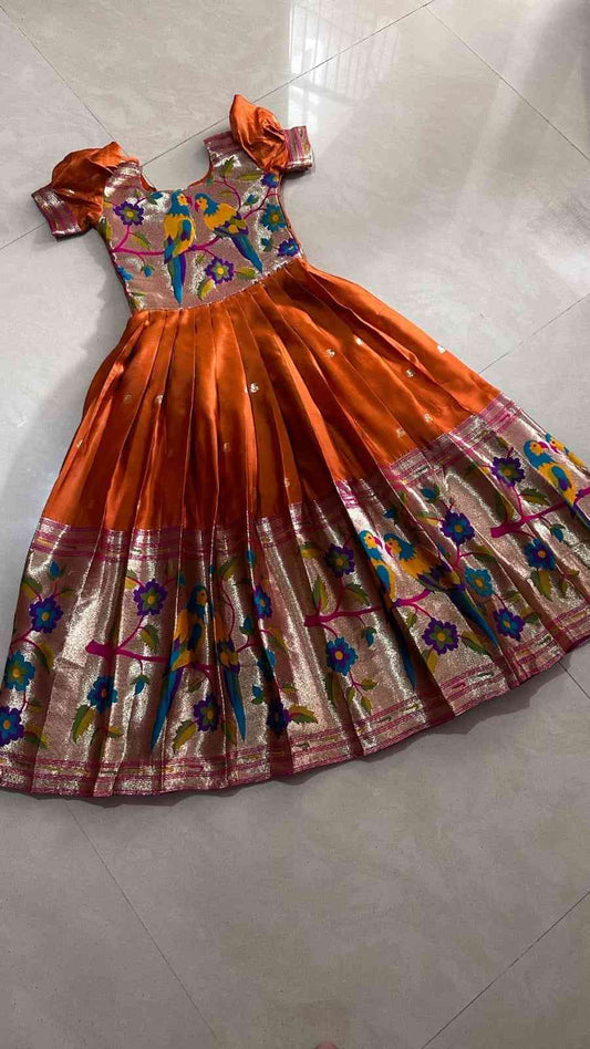 Kids Paithani gown – orange – Arhas Couture