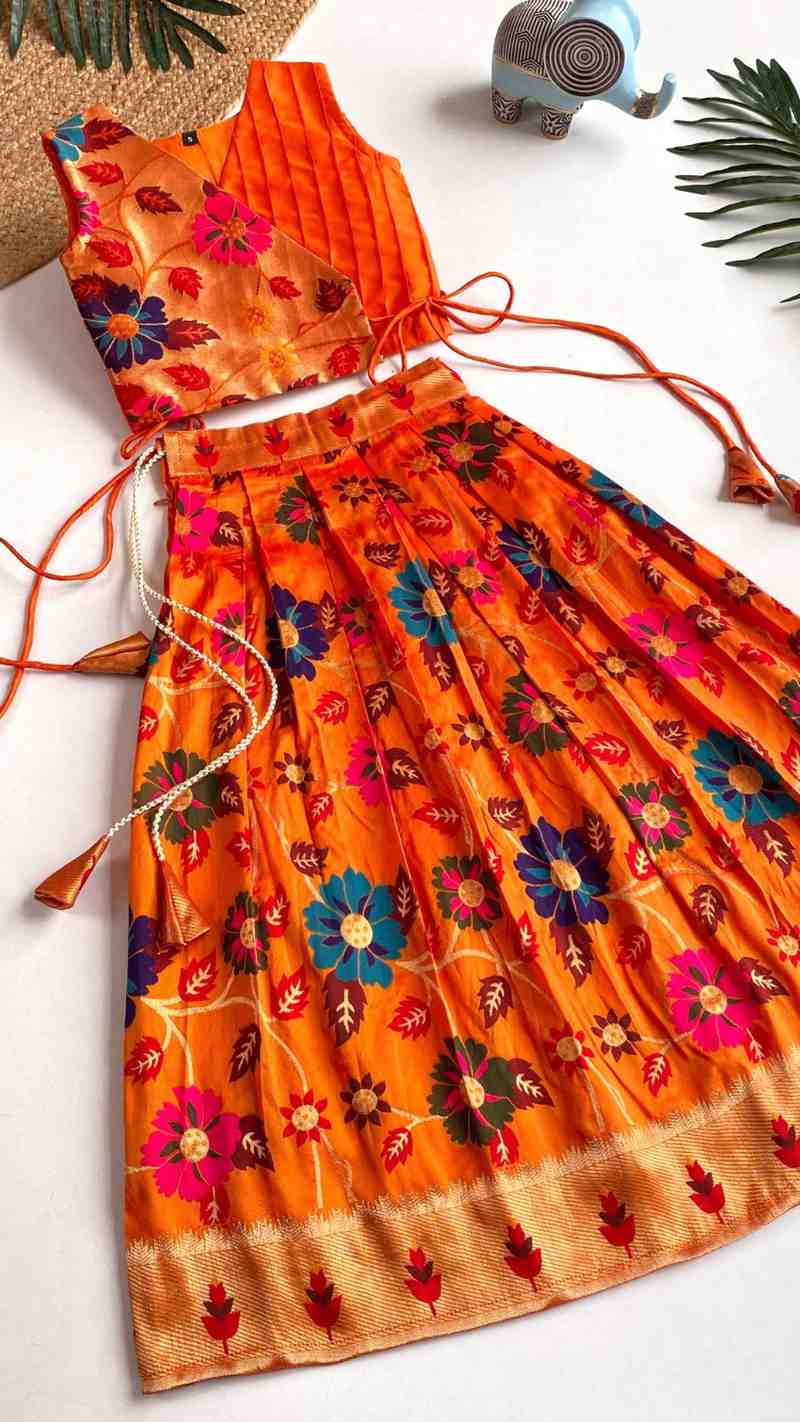 Kids silk blend lehenga – orange – Arhas Couture