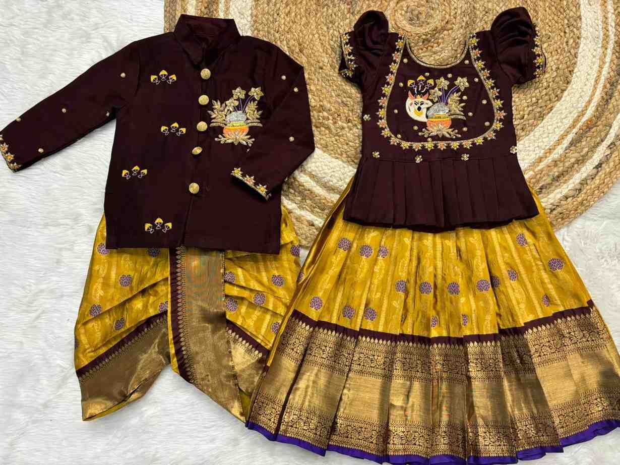 Semi Kanchi maggam family outfits by Arhas Couture