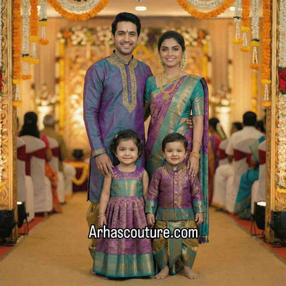 Semi Kanchi pattu family outfit – full family – Arhas Couture