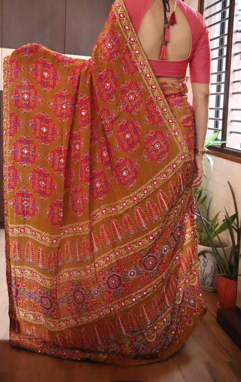 Ajrakh Munga Silk Saree