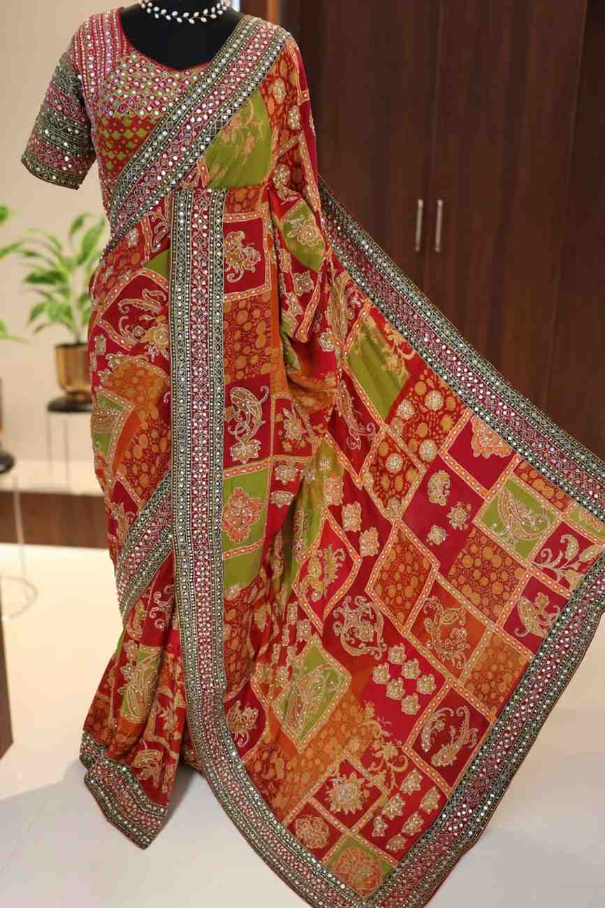 Fancy Georgette saree with floral prints and mirror work – Arhas Couture