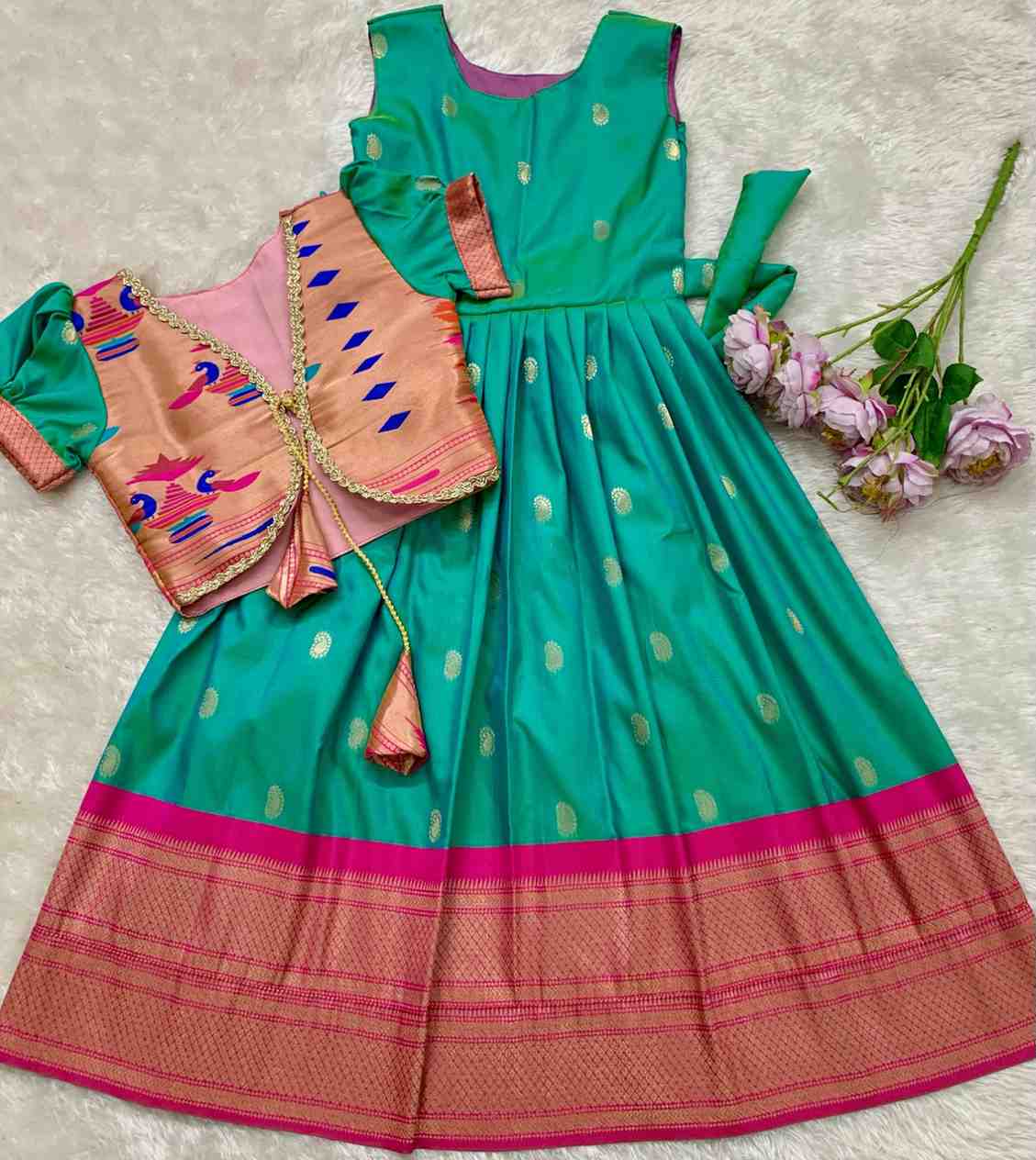 Kids Paithani gown – royal blue – Arhas Couture