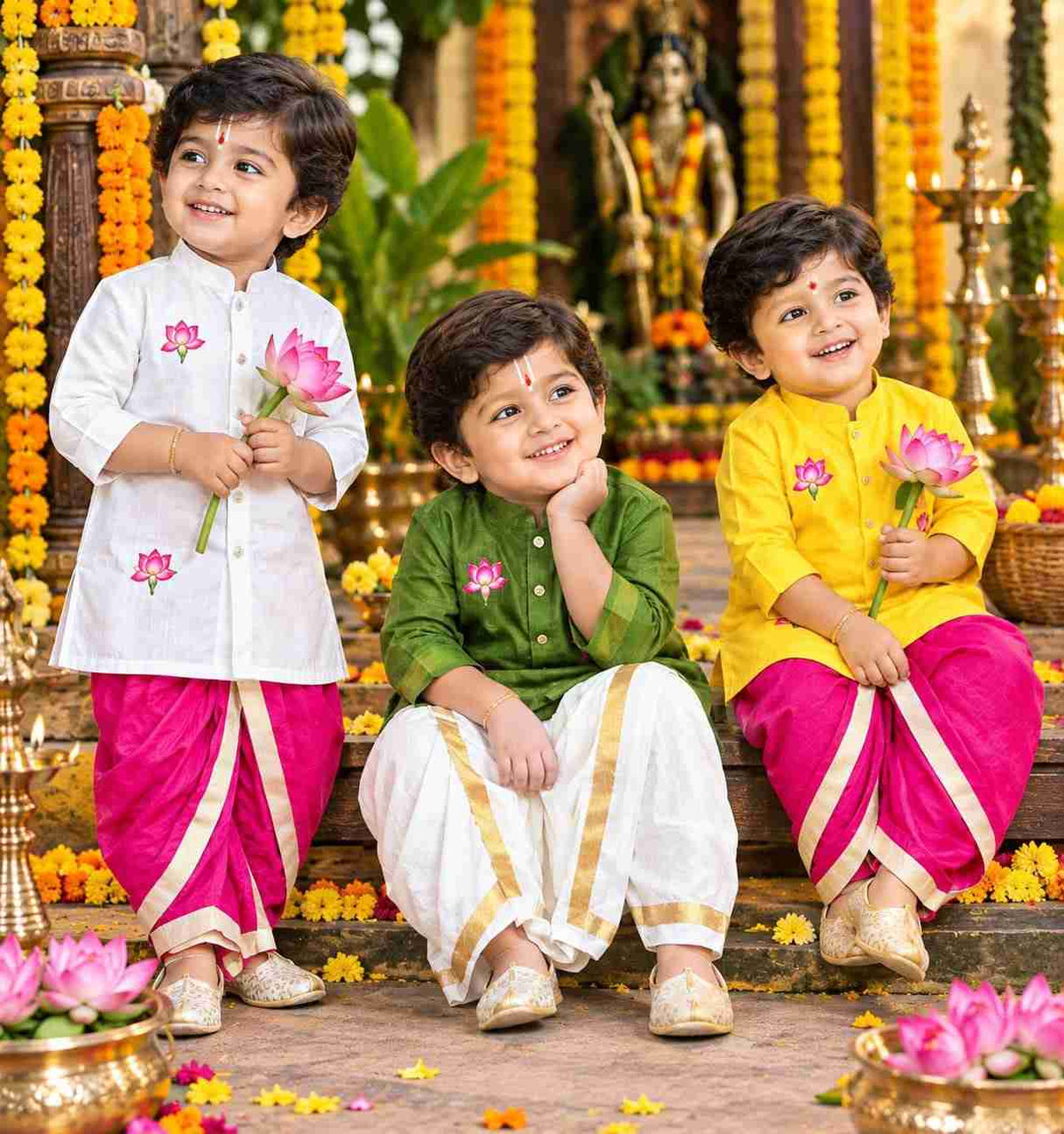Boy's Lotus Embroidery Dhothi Set