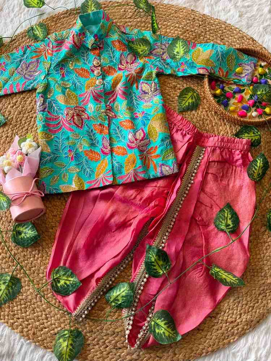 Kids Viscose crepe kurta set with position embroidery and tissue dhoti – 1 to 15 years – Arhas Couture