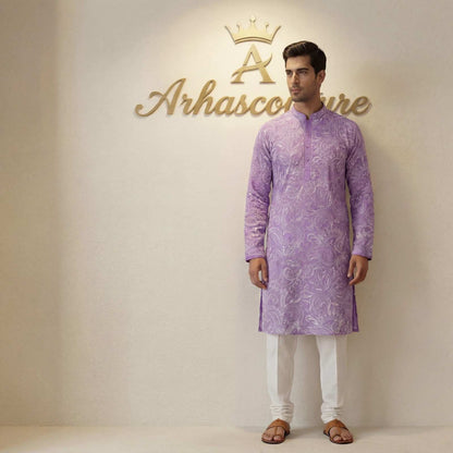 Fancy men's Mul Chanderi Chikankari kurta set – Arhas Couture