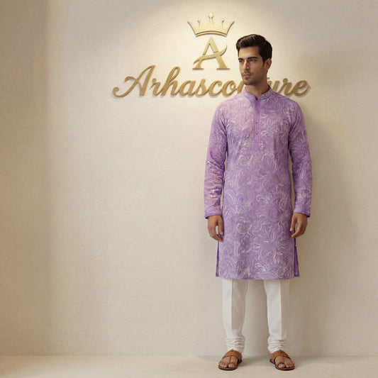 Fancy men's Mul Chanderi Chikankari kurta set – Arhas Couture