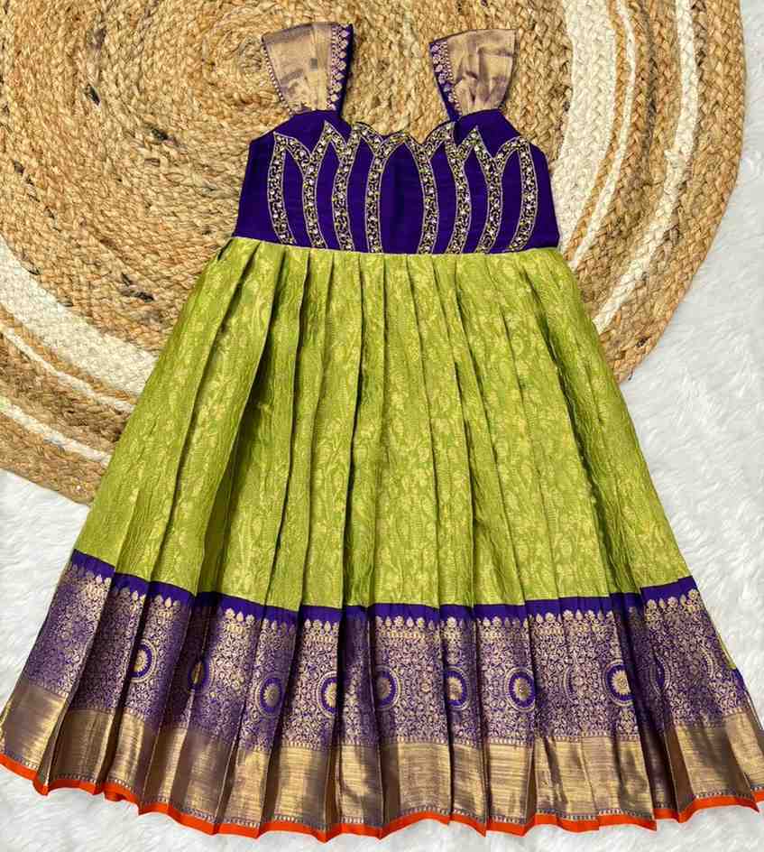 Kids raw silk frock – green – Arhas Couture