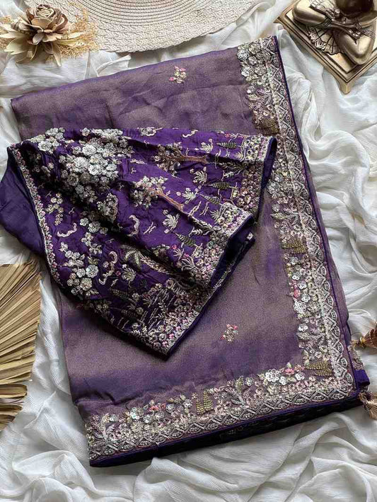 Fancy nylon tissue crepe saree – ash blue – Arhas Couture