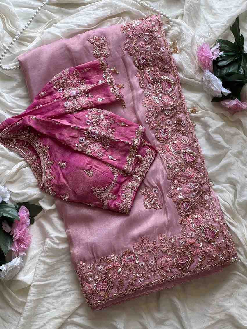 Fancy nylon tissue crepe saree – blush pink – Arhas Couture
