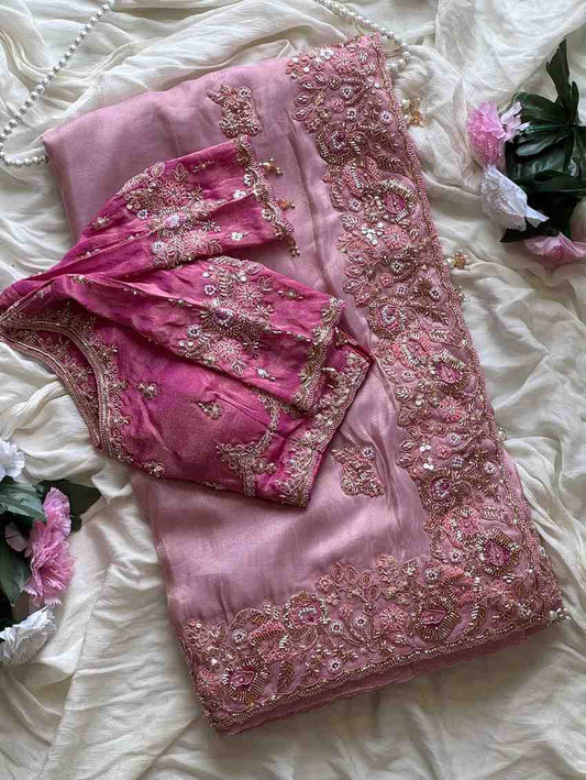 Fancy nylon tissue crepe saree – blush pink – Arhas Couture