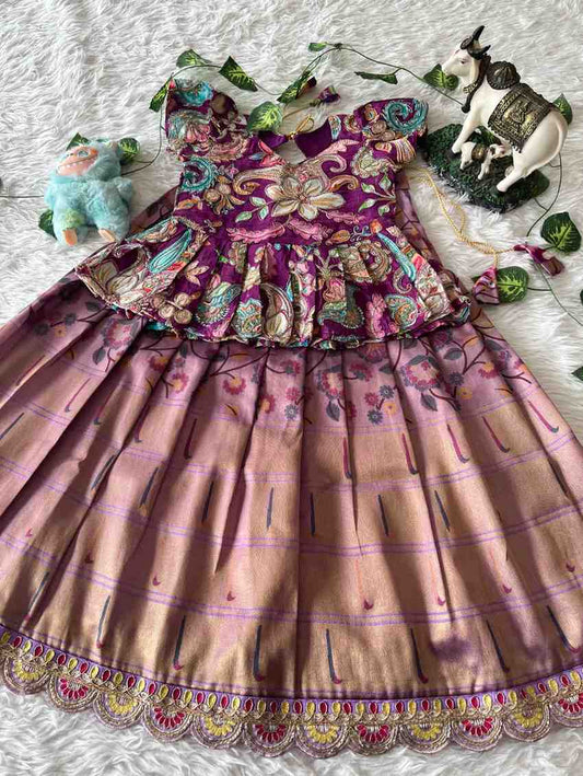 Kids tissue lehenga – purple – Arhas Couture