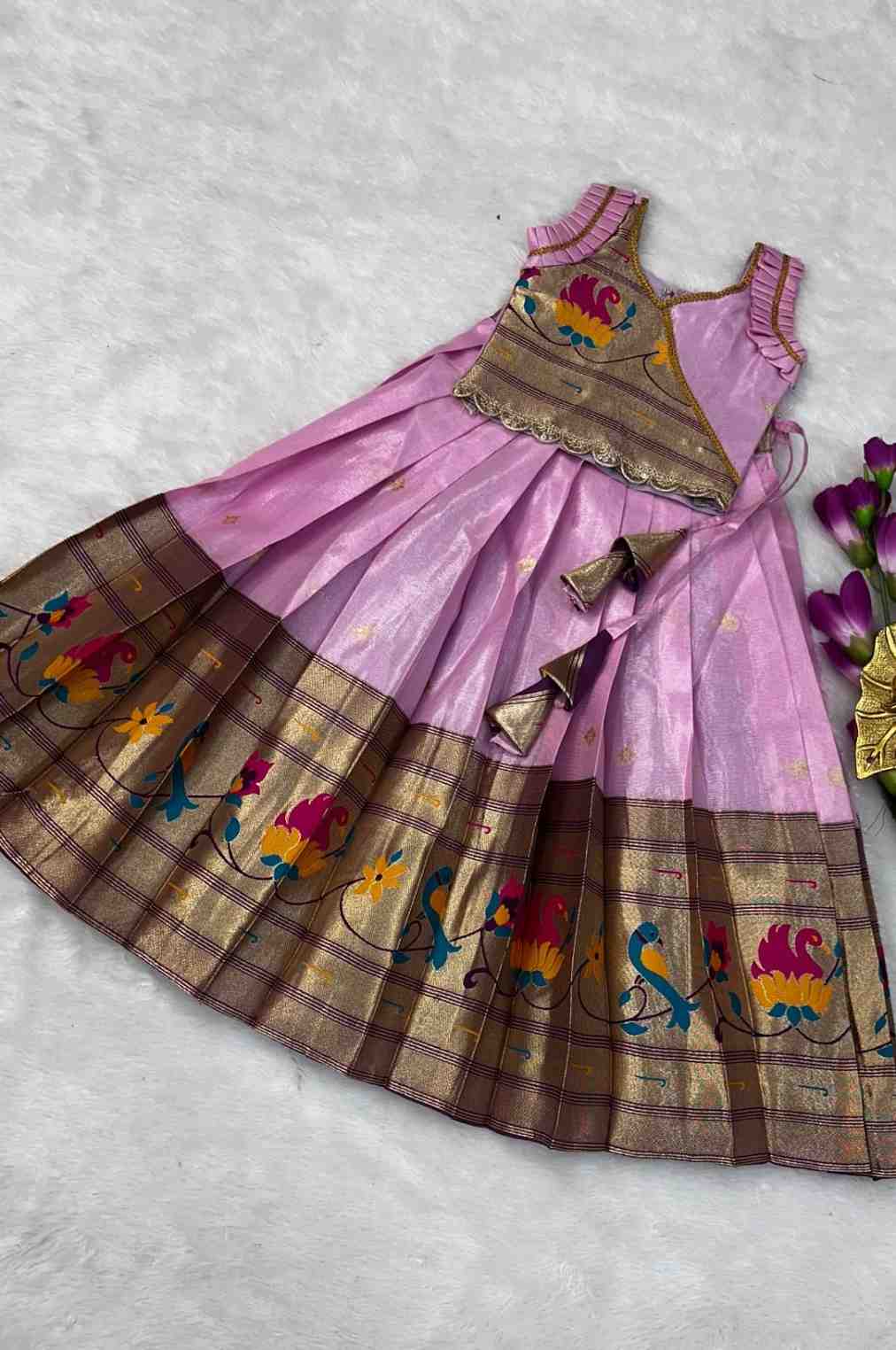 Kids shimmer Paithani lehenga – pink – Arhas Couture