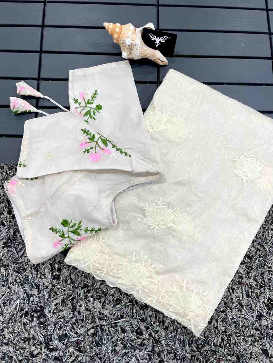 Fancy Chanderi cotton saree with embroidery and cutwork border – Arhas Couture