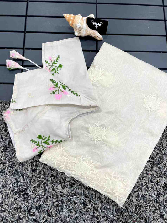 Fancy Chanderi cotton saree with embroidery and cutwork border – Arhas Couture
