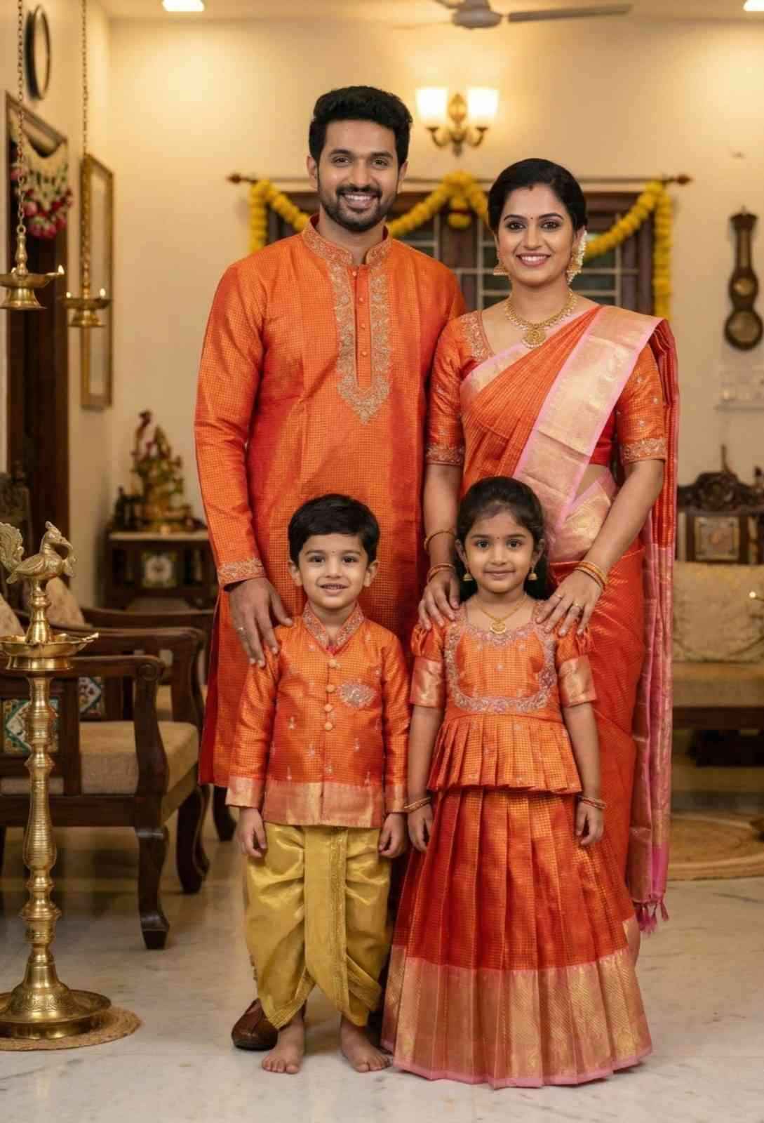 Fancy soft Banarasi tissue family outfit – boys, girls, men and mom – Arhas Couture