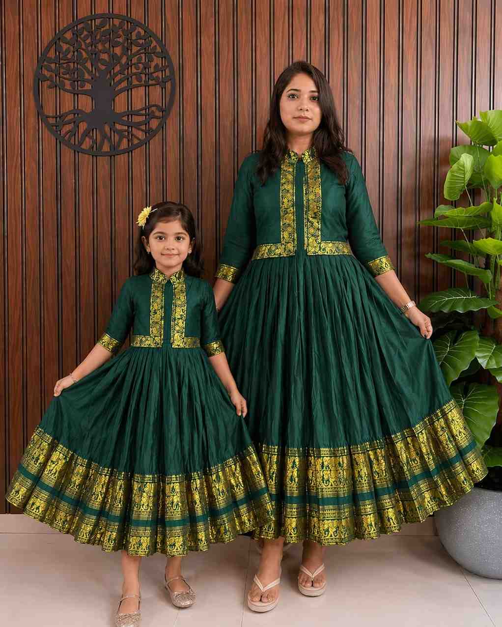 Cotton silk family outfit – Blue, Green, Wine – girls and Mom – Arhas Couture