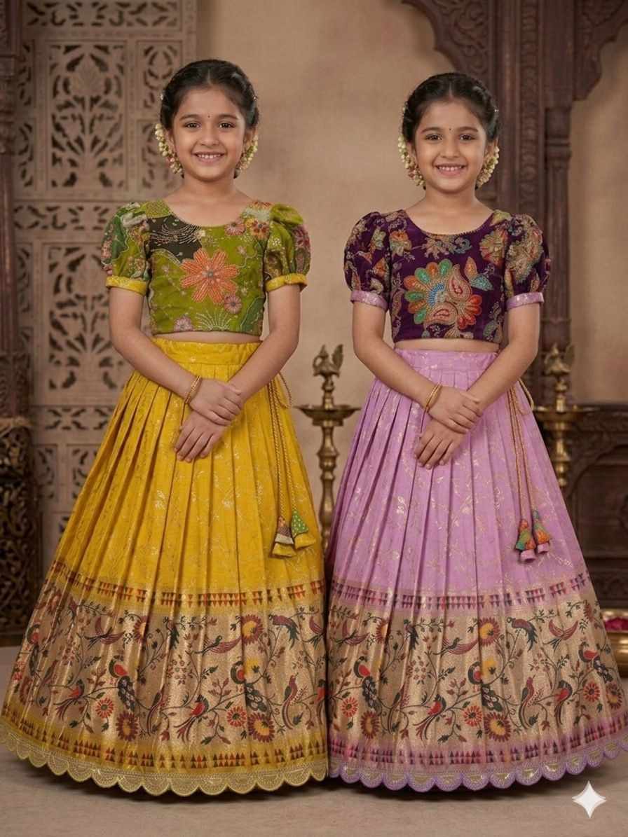 Kids Dola silk lehenga – Yellow, Pink – 1 to 15 years – Arhas Couture