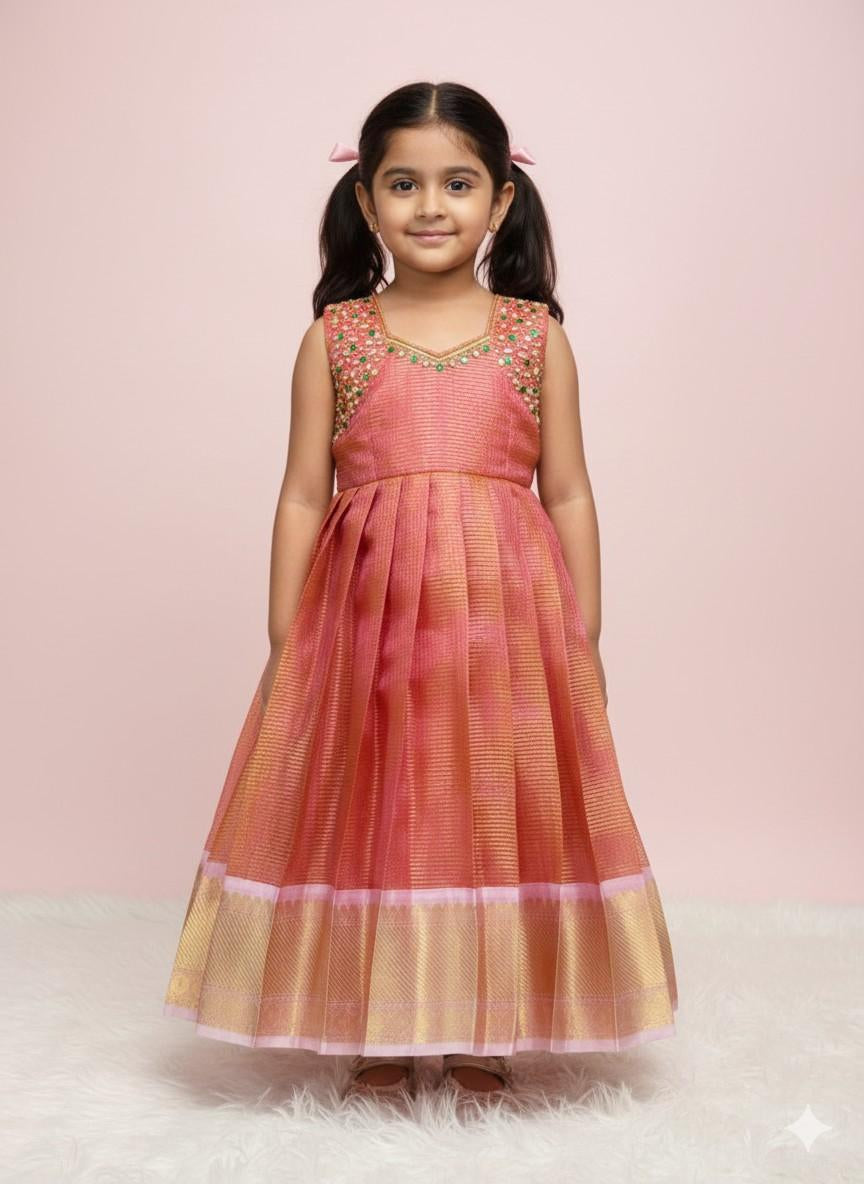 Kids soft tissue silk frock with zardosi maggam work – 6 months to 15 years – Arhas Couture