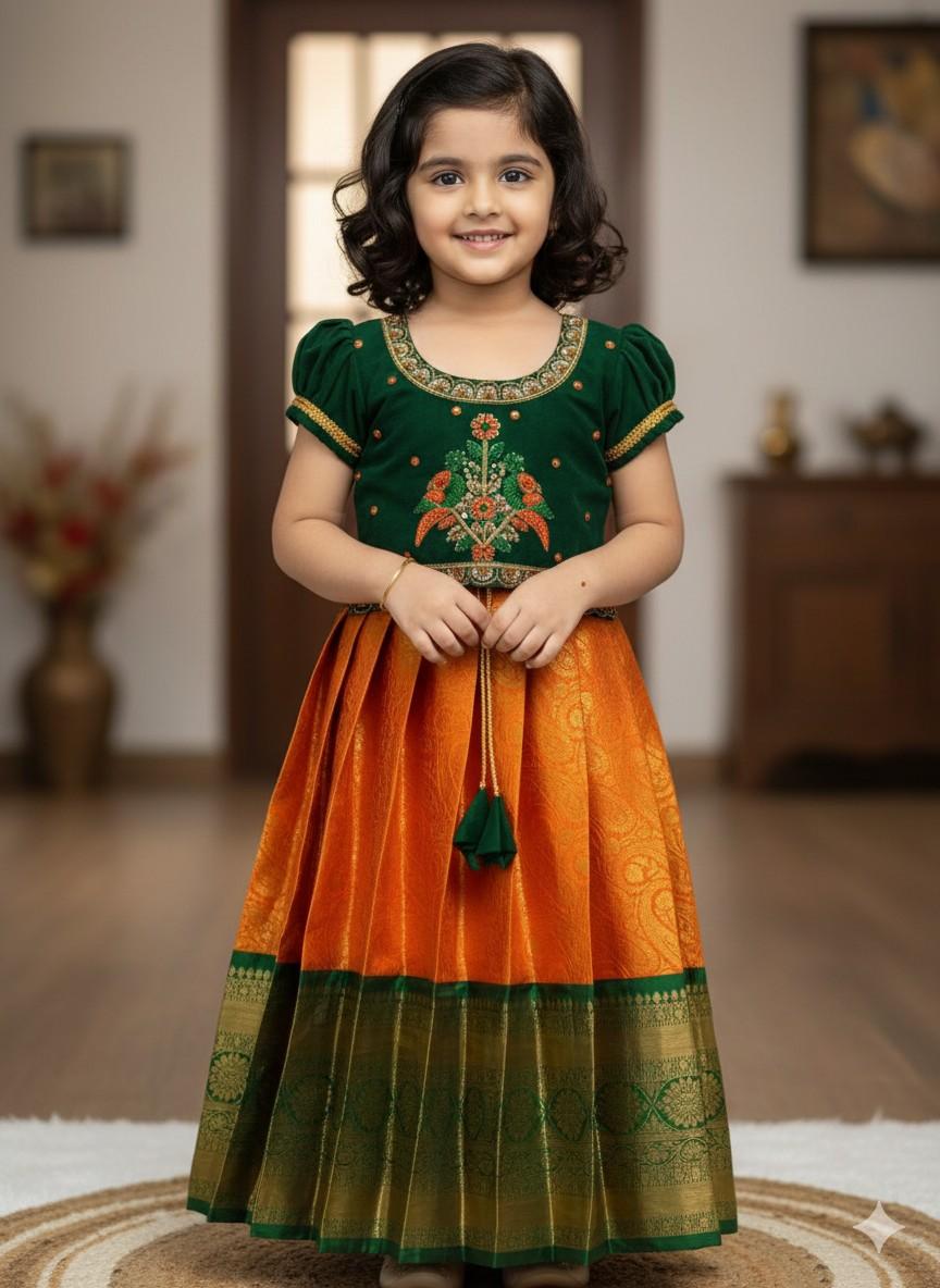 Semi Kanchi raw silk family outfit – kids and Mom – Arhas Couture