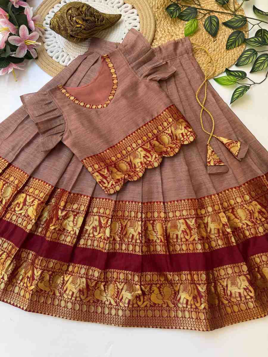 Kids Narayanpet lehenga – brown – Arhas Couture