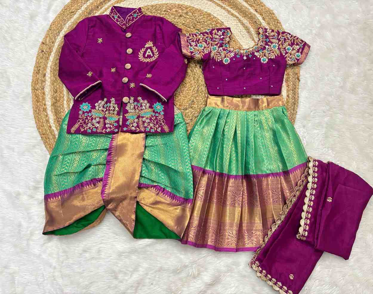 Semi Kanchi maggam family outfit – girls, boys, men and Mom – Arhas Couture