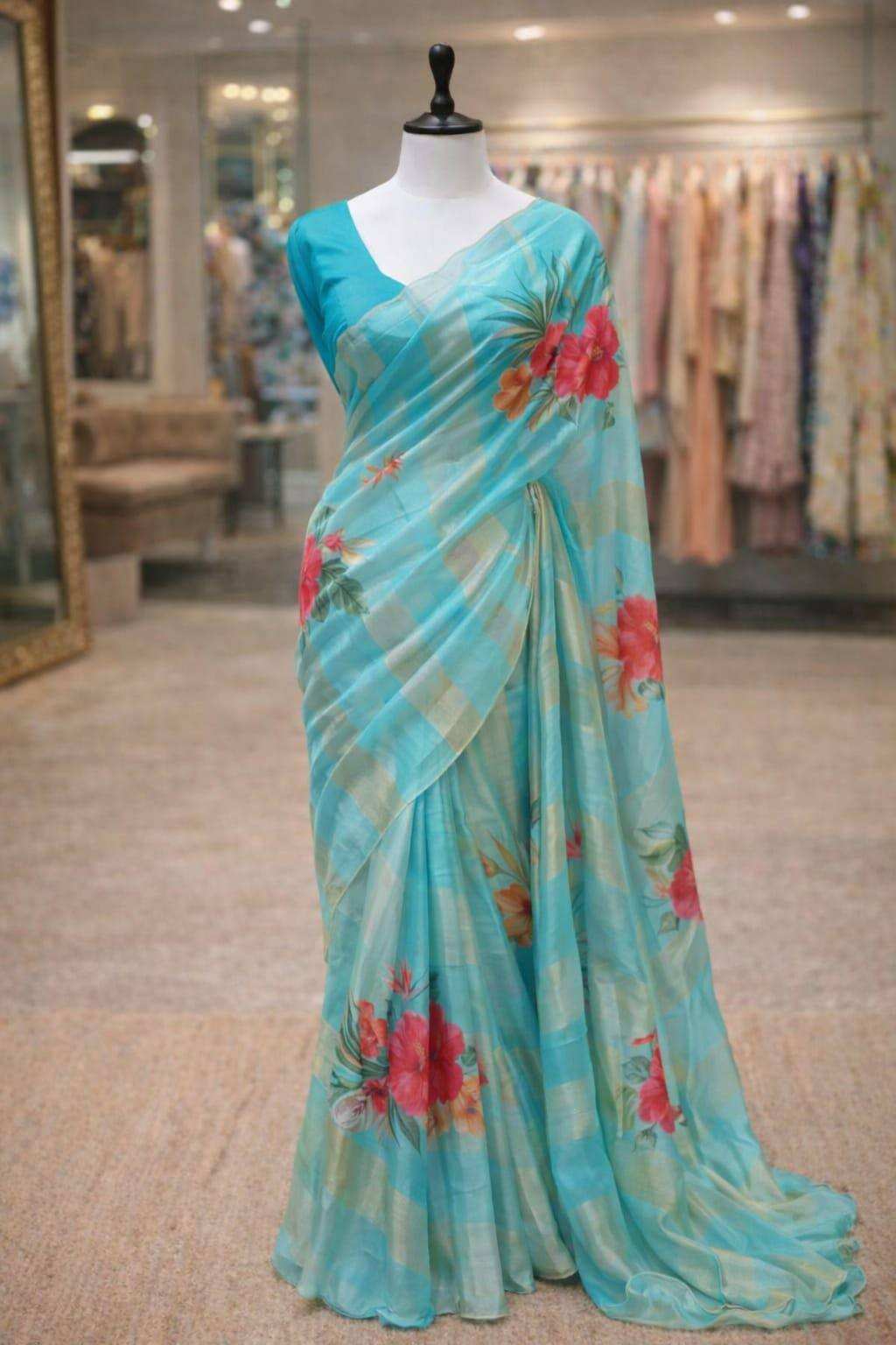 Fancy organza tissue stripe saree with digital print – Arhas Couture