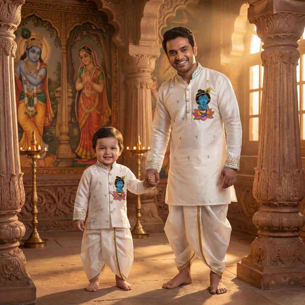 Raw silk family outfit – Krishna design – boys and men – Arhas Couture