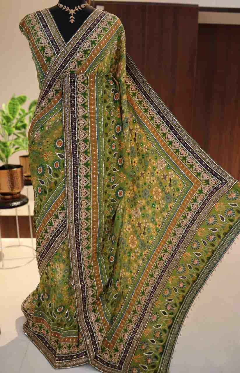 Fancy Georgette saree with floral prints and Pita handwork – Arhas Couture
