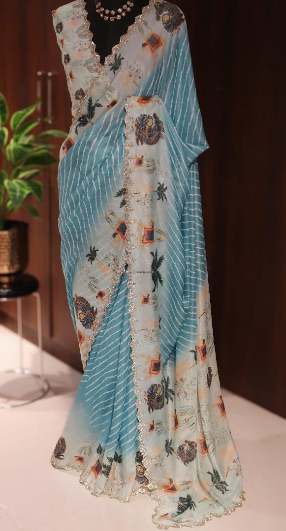 Fancy satin tissue saree with Kalamkari prints and Swarovski border – Arhas Couture