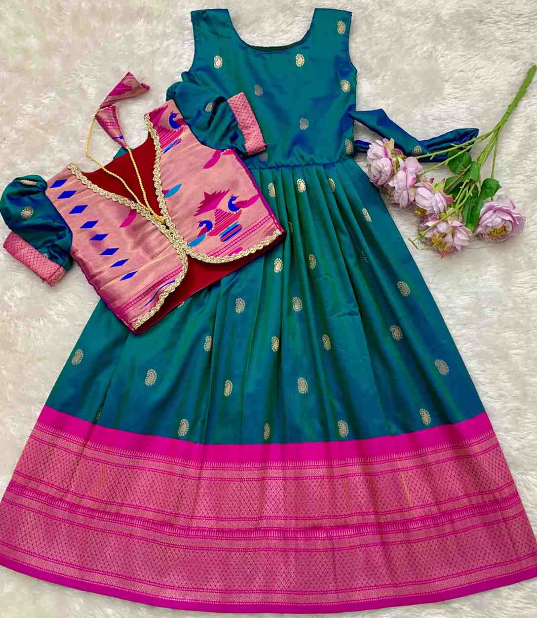 Kids Paithani gown – dark green – Arhas Couture