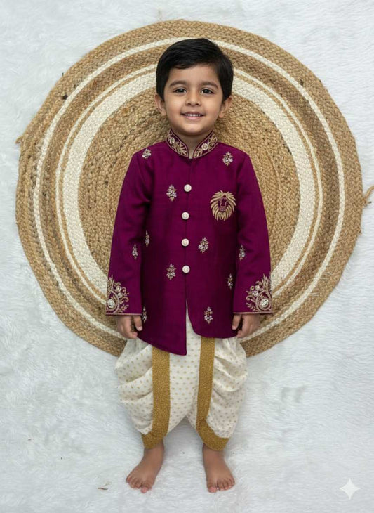 Kids raw silk kurta with brocade dhoti and zardosi maggam work – 6 months to 15 years – Arhas Couture