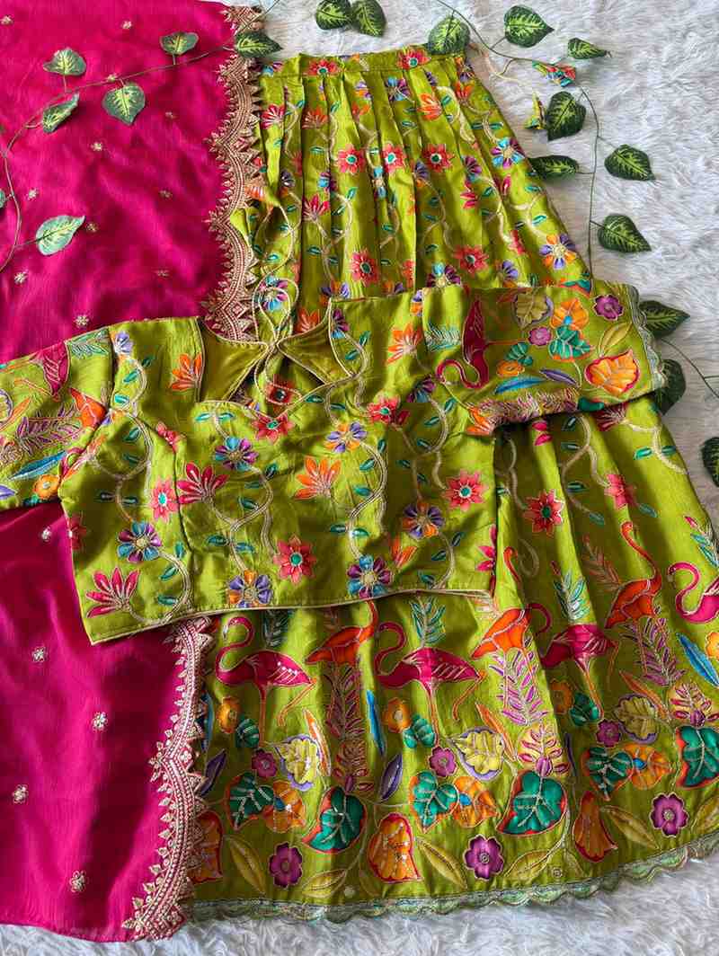 Kids Viscose Dola silk lehenga with flamingo embroidery – Green, Purple, Orange – Arhas Couture