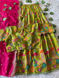 Kids Viscose Dola silk lehenga with flamingo embroidery – Green, Purple, Orange – Arhas Couture