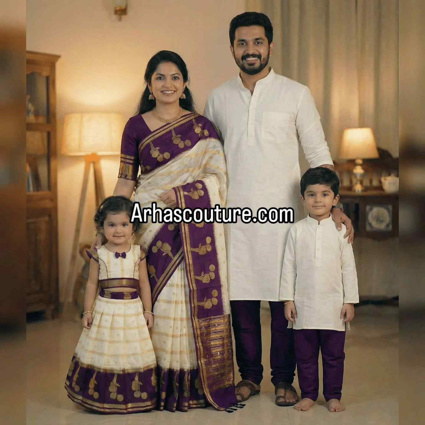 Semi Kanchi tissue family outfit – pavadai and saree combo – Arhas Couture