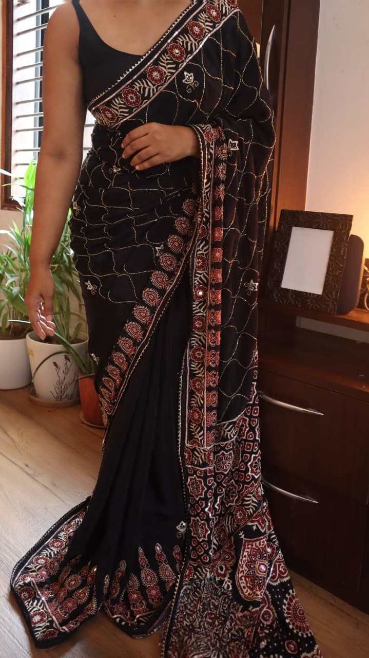 Heritage Ajrakh Cutdana Saree