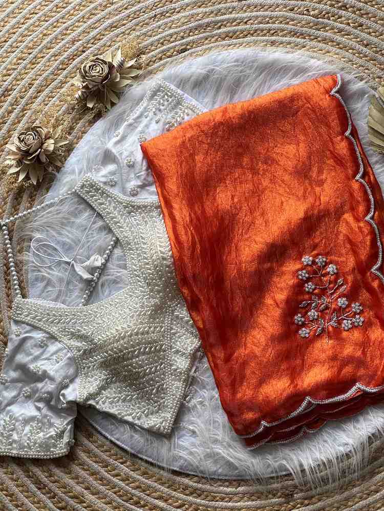 Fancy soft space silk saree with khattli, pearl and sequins handwork – Arhas Couture