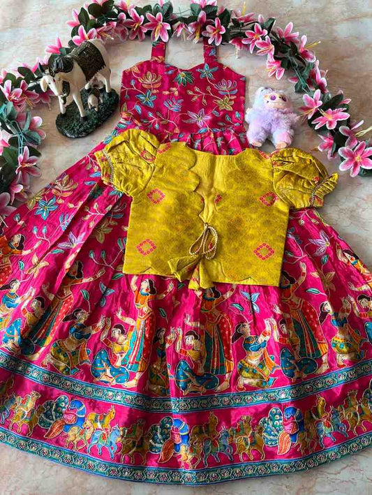 Kids natural crepe Kalamkari gown – Pink, Yellow, Blue, Green – 1 to 15 years – Arhas Couture