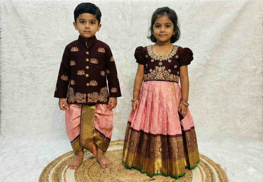 Soft semi Kanchi family outfit – girls, boys, men and Mom – Arhas Couture