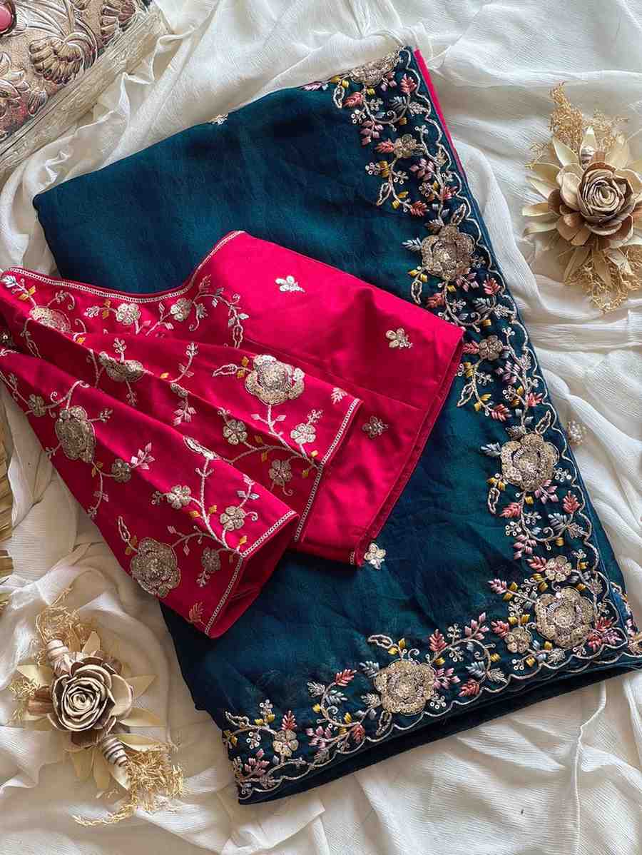 Fancy space silk saree with hand embroidery border and Bandhej blouse – Arhas Couture